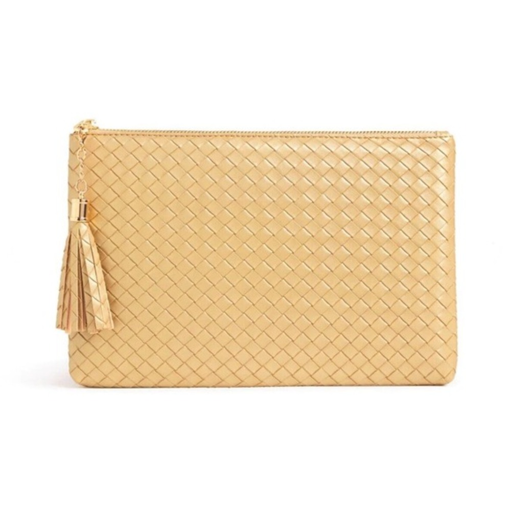 Virginia Wolf Mimi Woven Vegan Metallic Gold Leather Pouch 7x11 Brand NEW w/tags